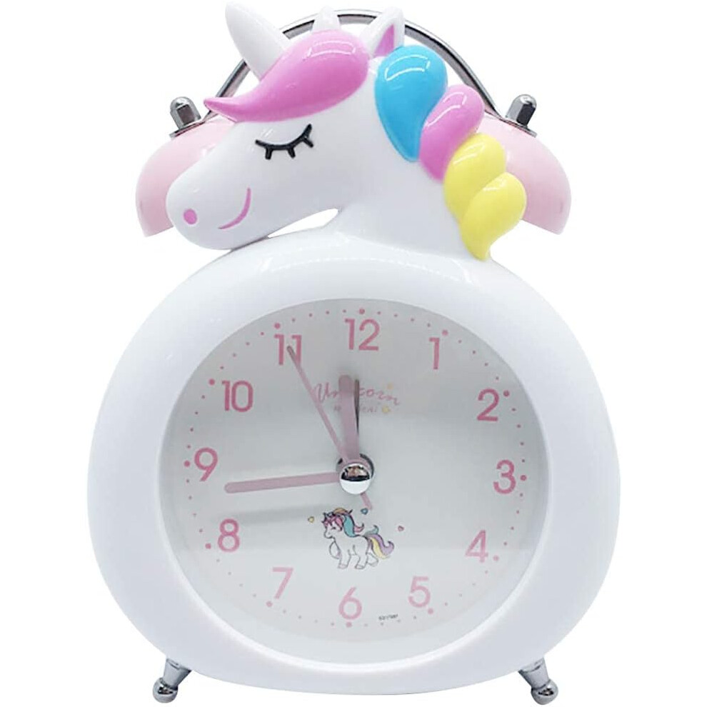 Unicorn Bedroom Alarm Clock,Vintage Loud Twin Bell Cartoon Alarm With Button Night ,Battery Operated Non-Ticking Silent Alarm Clock(White) Light/White Tianfu