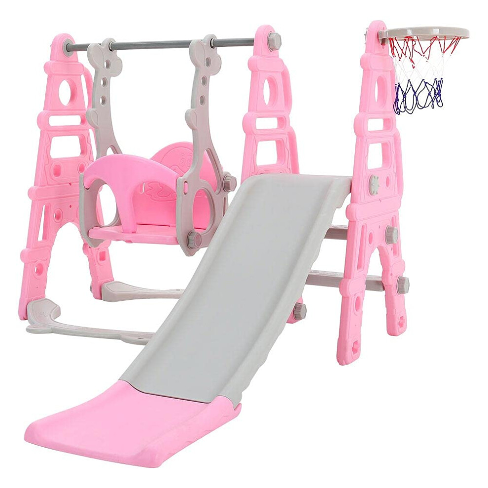FUKEA Baby Swing Slide, 4-in-1 Toddler Slide and Swing Set with Basketball Hoop, Garden Climbing Frame, Outdoor Indoor Large Slide Swing for Toddlers