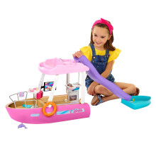 Barbie Dream Boat, Pink Barbie Boat with 6 Play Areas Including Barbie Pool and Slide, 20 Doll Accessories, Toy Puppy and Dolphin, Adult Assembly Requ