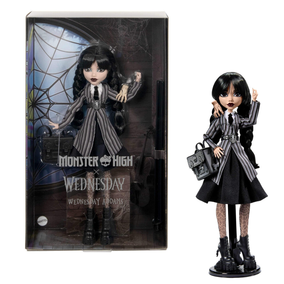 Monster High Wednesday Doll And Accessories, Wednesday Addams Collectible In Nevermore Academy Uniform With Thing And Backpack, Doll Stand, Hxj04