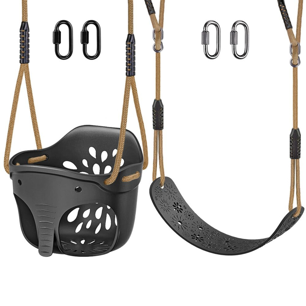 Toddler Swing Set Accessories, High Back Full Bucket Swing Seats With Adjustable Rope And 4 Locking Carabiners, Cute Elephant Shape Design 60 Seleware