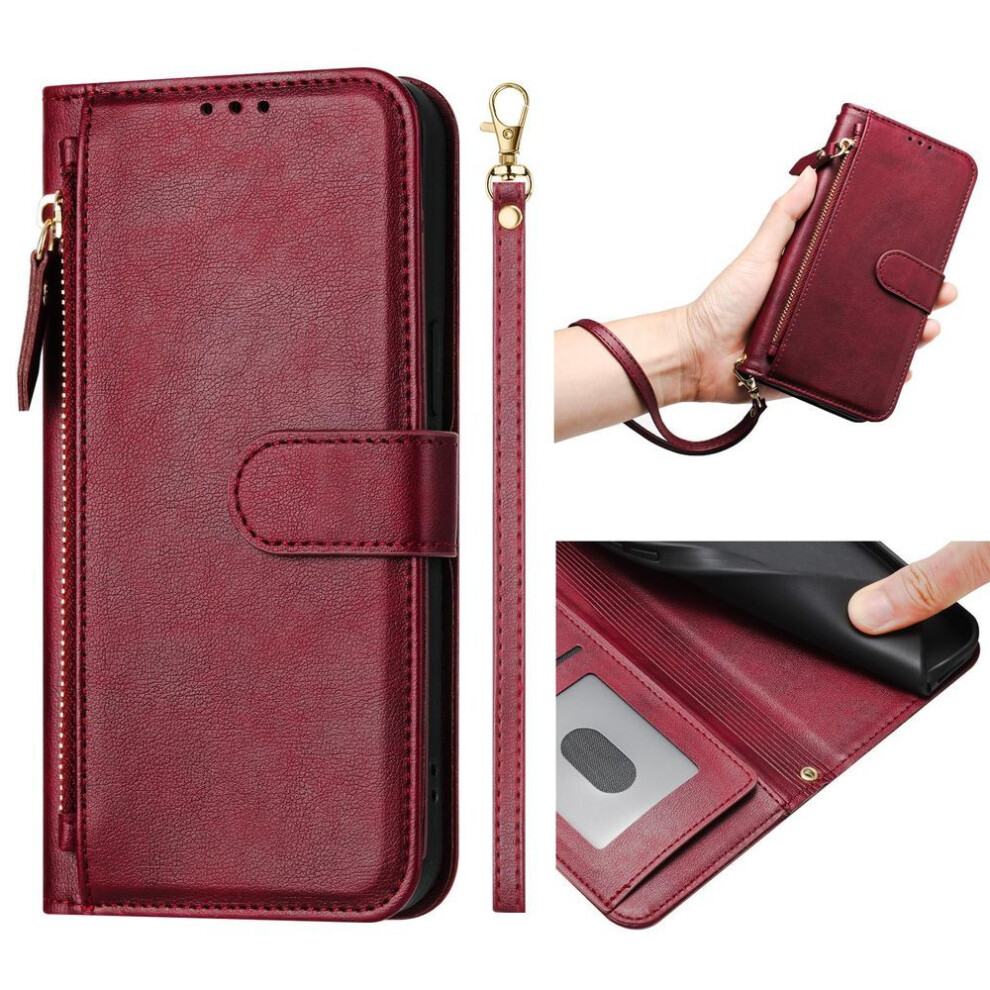 (red, Xiaomi Redmi Note 14 4G) Zipper Leather Phone Wallet Case Book Kiskstand For Iphone 16 15 Pro Max Samsung S25 S24 Ultra Xiaomi Redmi Honor Oppo Magnetic Card Holder Flip Cover