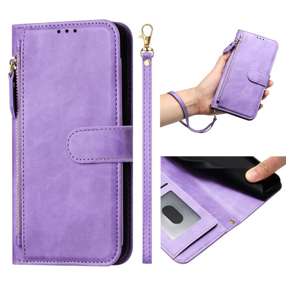 (purple, OnePlus Nord CE 4 Lite) Zipper Leather Phone Wallet Case Book Kiskstand For iPhone 16 15 Pro Max Samsung S25 S24 Ultra Xiaomi Redmi Honor Oppo Magnetic Card Holder Flip Cover