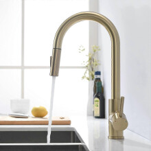 (As show, One size) Brushed Gold Kitchen Faucet With Pull Out Spray 360 Swivel Kitchen Faucet For Kitchen Sink Mixer Ta