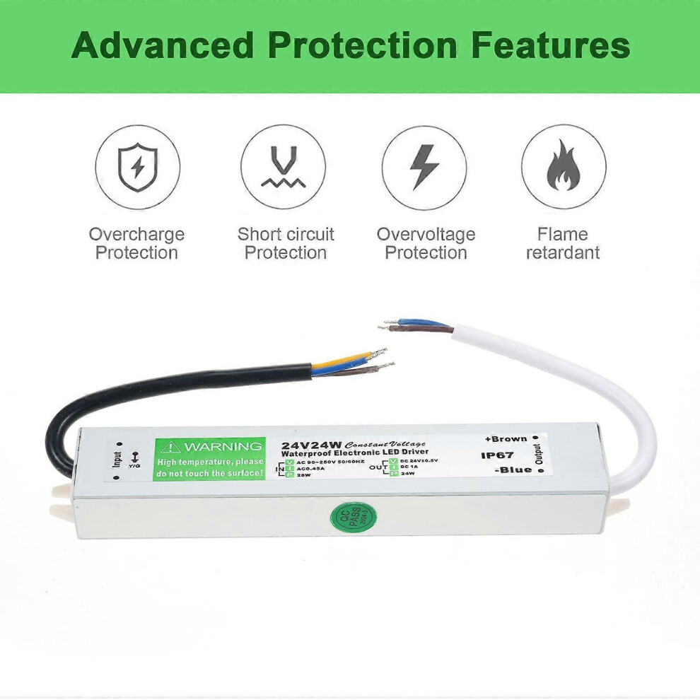 (As Show, One Size) Ip67 Waterproof Led Driver Switch Power Supply Transformer Adapter Ac 90V-250V To Dc 24V 24W Constan 6909775555699