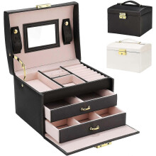 (Black, One size) Jewellery Box With 2 Drawers Three Layers Pu Leather Jewelry Storage Box