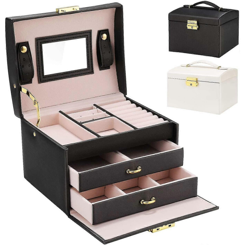 Kikidex (Black, One Size) Jewellery Box With 2 Drawers Three Layers Pu Leather Jewelry Storage Box