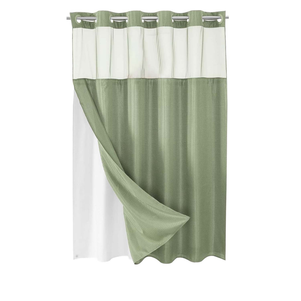 Rideau de douche gaufré sans crochet avec doublure en tissu à clipser pour salle de bain, fenêtre supérieure en maille de style hôtel, C