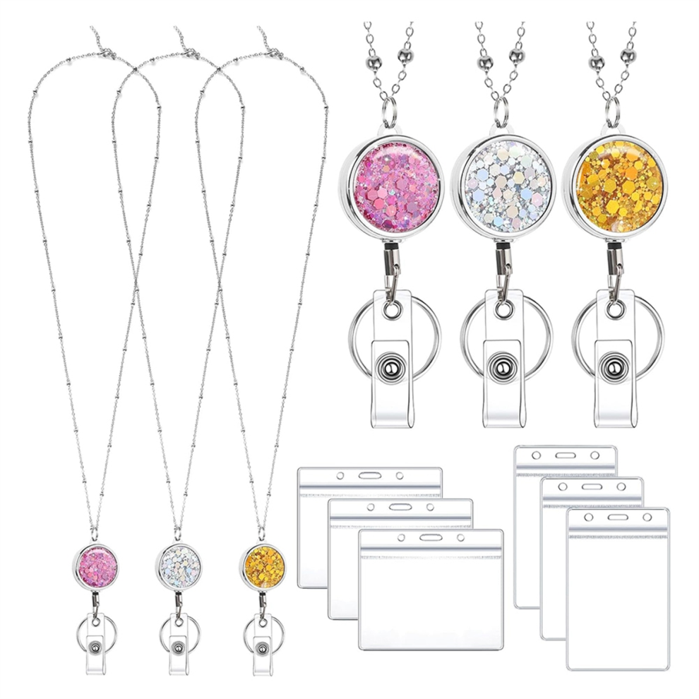 3 Pack Women Lanyards For Id Badges With 6 Pcs Badge Holder Cruise Stainless Steel Glitter 4853024062839
