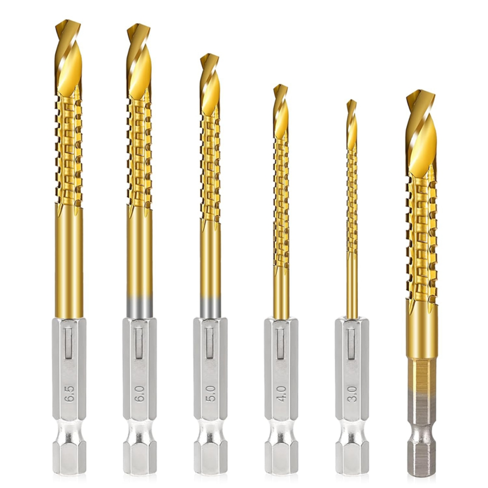 6Pcs Titanium Coated Hss Twist Drill Bits, 3-8Mm Hex Shank Serrated Cutting Bit Spiral Saw 4853024063645