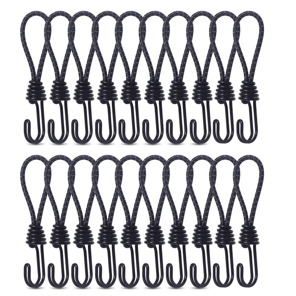 Lot de 20 mousquetons élastiques pour tente, corde, crochet, fixation, pour bâche, camping, extérieur, noir