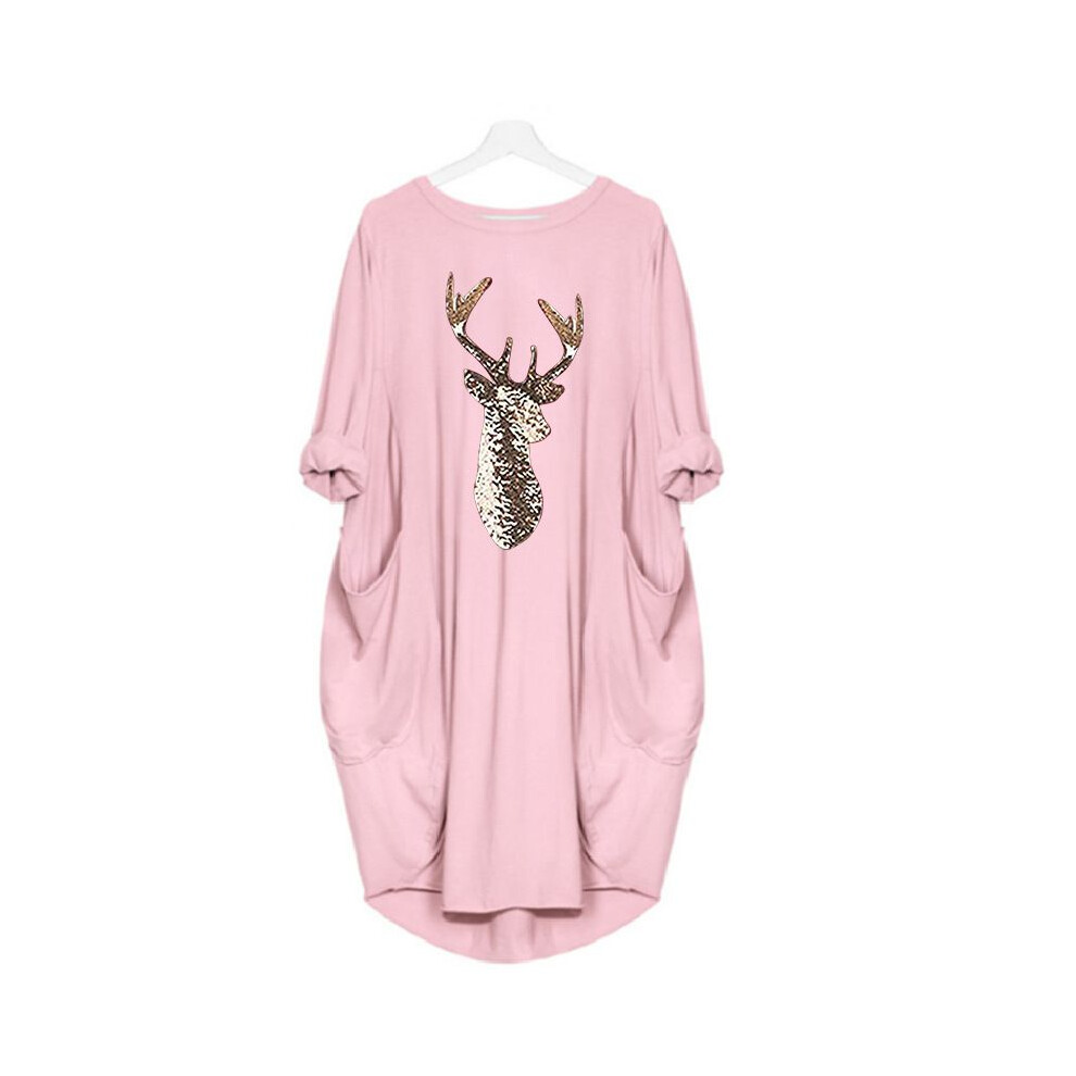 (Pink, 2XL) Deer Christmas Womens Pattern Printed Round Neck Dress Long Ladies Tops-image-OPC-PH5B2XG-NEW