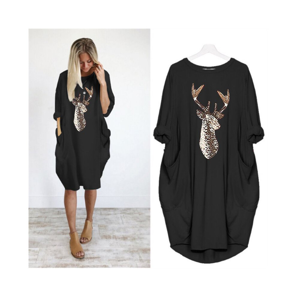 (Black, 5XL) Deer Christmas Womens Pattern Printed Round Neck Dress Long Ladies Tops-image-OPC-PH5B2Z9-NEW
