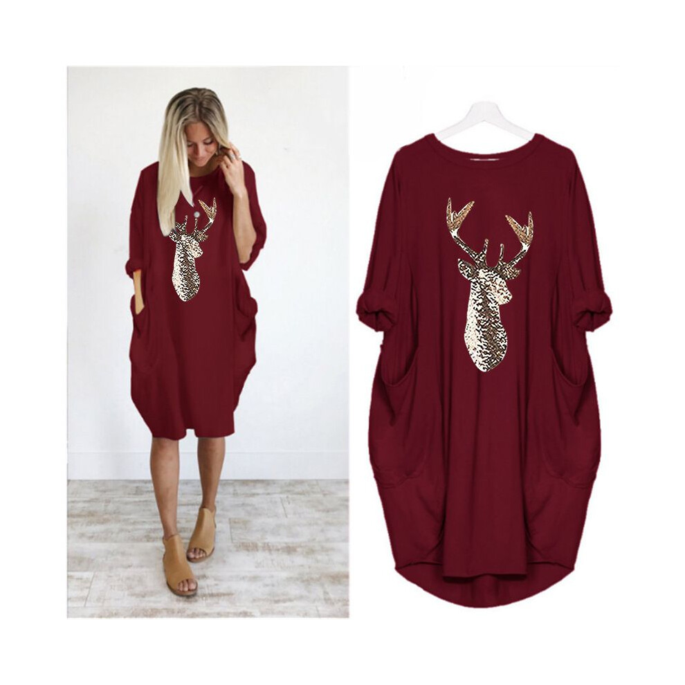 (WineRed, M) Deer Christmas Womens Pattern Printed Round Neck Dress Long Ladies Tops-image-OPC-PH5B2XQ-NEW