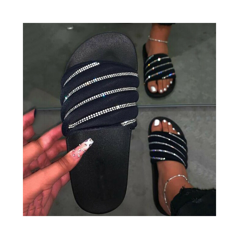 (Black, EU39) Women Sliders Shiny Slippers Ladies Slip On Summer Mules Shoes Sandals Flat