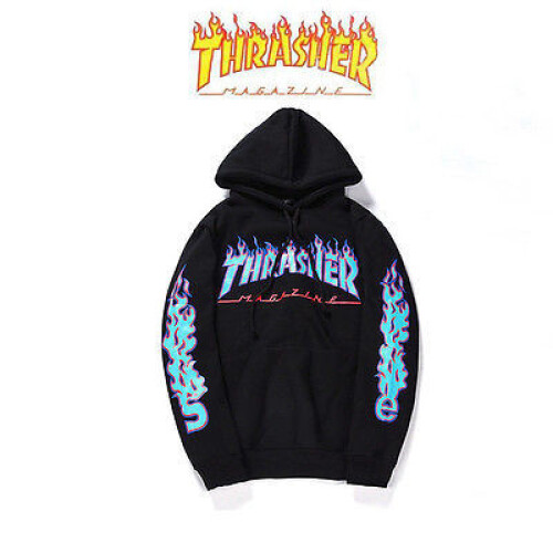 (BLACK, XL) Mens New 2017 Hiphop Skateboard Fleece Hoodie Sweatshirts Flame Thrasher