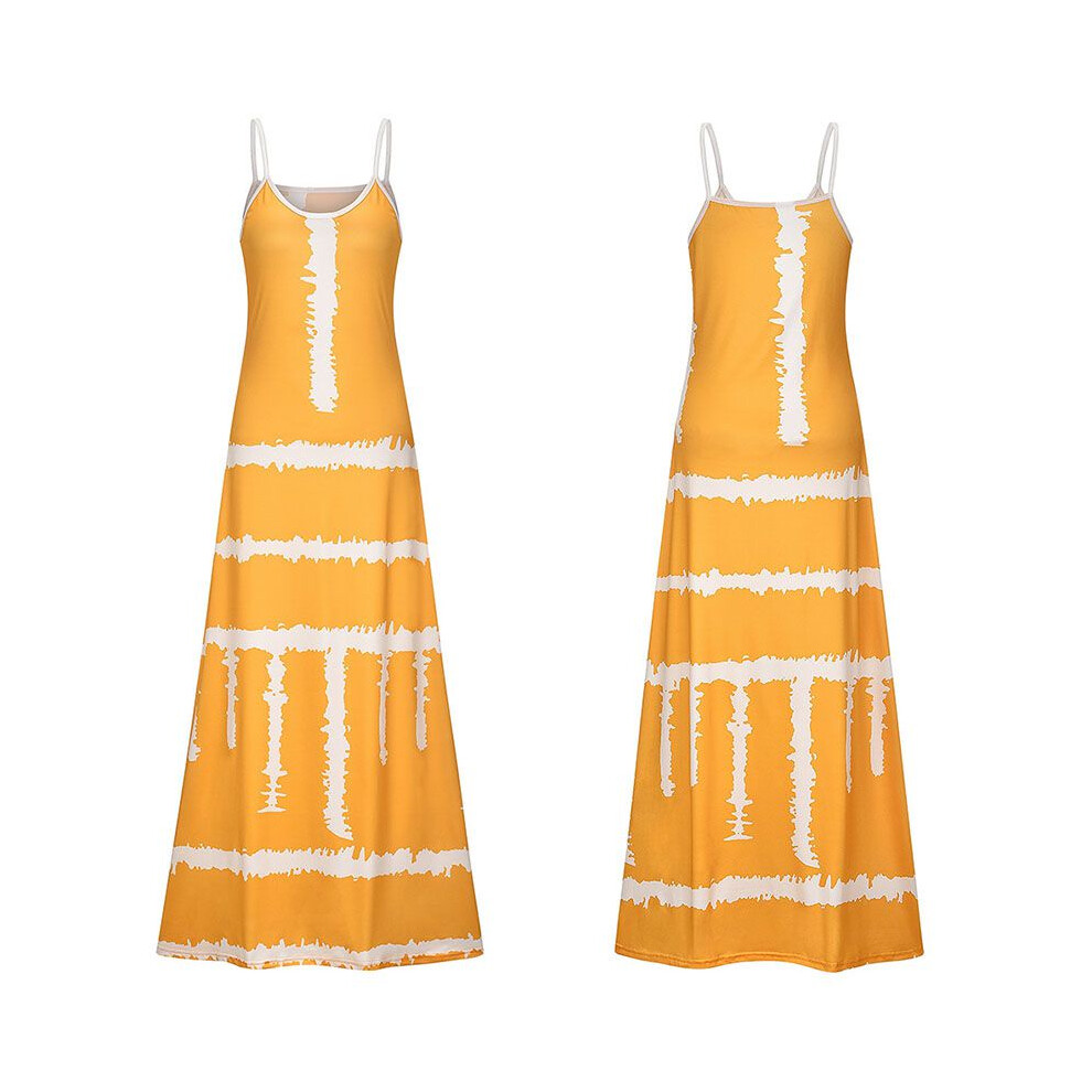 (Yellow Stripe, M) Summer Strappy Womens Holiday Floral Long Boho Kaftan Dress Dress Maxi Beach-image-OPC-PH5BVR6-NEW