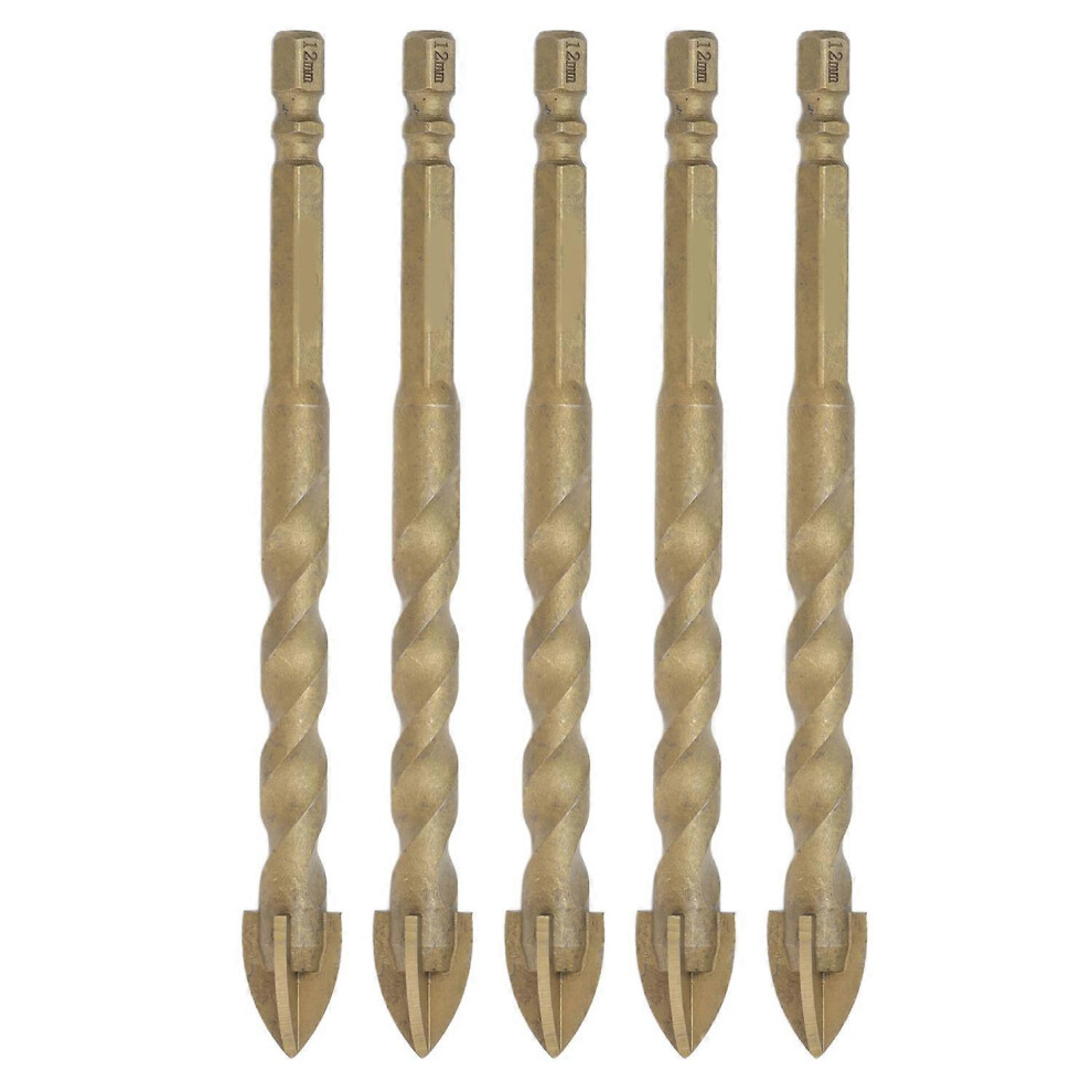 (As Show, One Size) 5Pcs Cross Spearhead Drill Carbide Bits With 1/4In Hex Shank For Glass Ceramic Marble 12Mm Hole 6909775581193