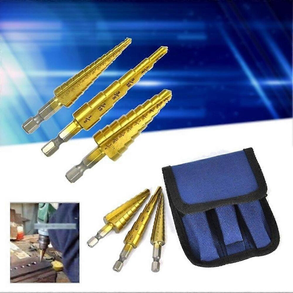 (As Show, One Size) 3Pcs Set Titanium Nitride Hss Steel Coated Step Drill Bits Quick Shank Hole 6909775569153