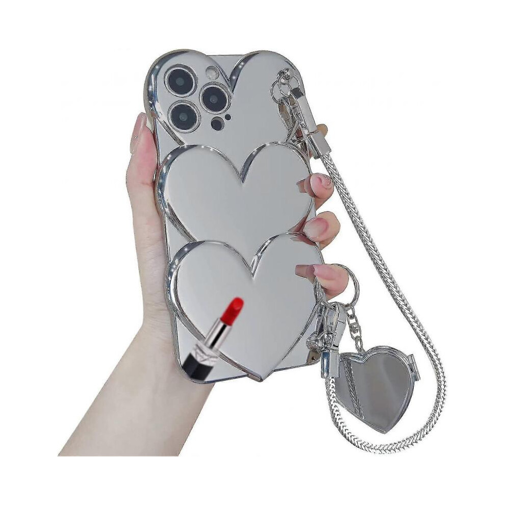 (For Iphone 14) 3D Heart Case Compatible With Iphone 14 Pro Max/14 Pro/14 Plus/14, Luxury Plating Soft Tpu Cover With Chain And Love Mirror 5004229825210