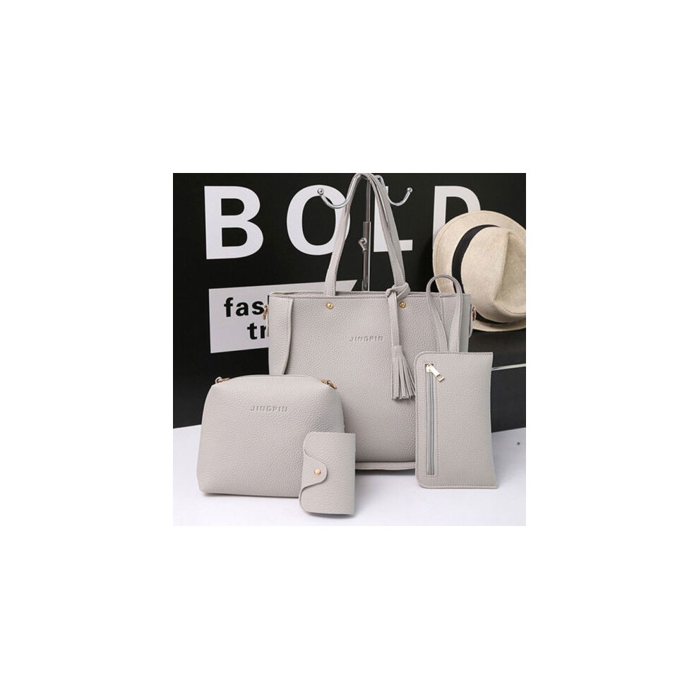 (Gray) Leather 4Pcs Women Handbag Lady Shoulder Bags Tote Purse Messenger Y Set Satchel Gray