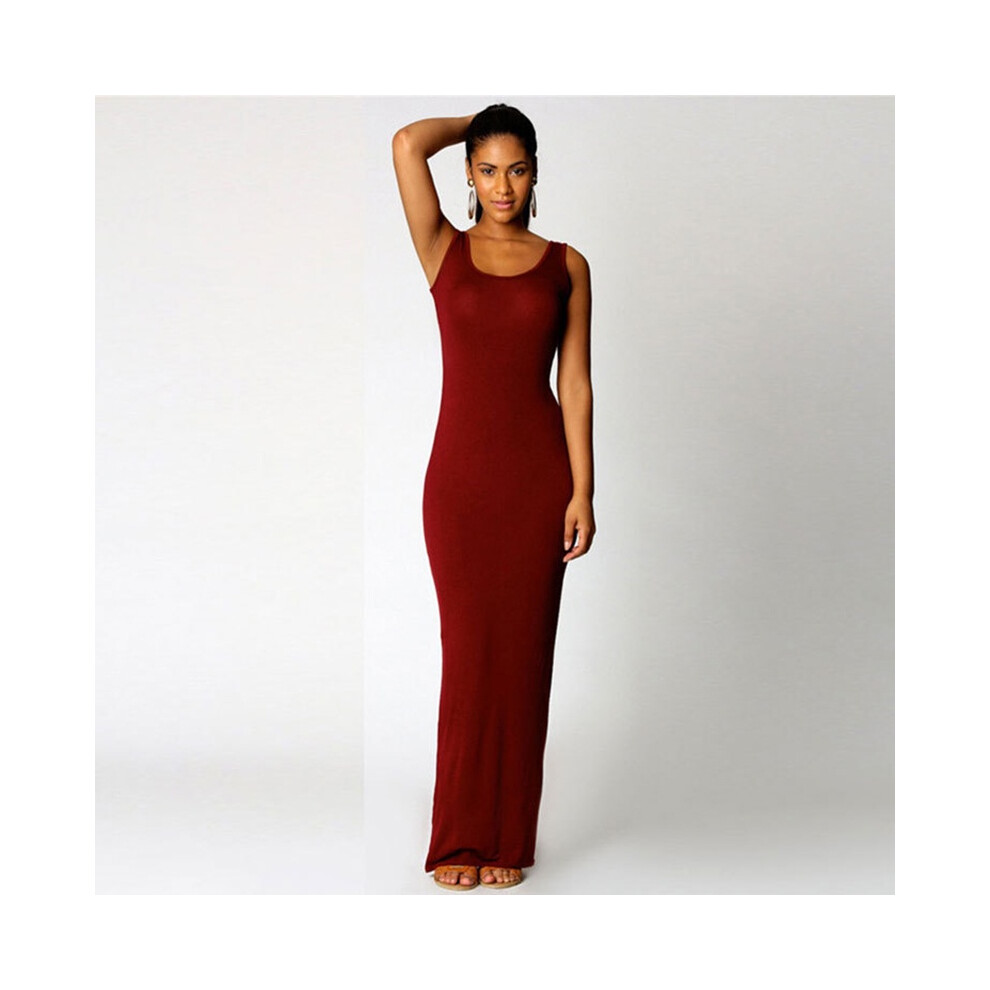 (WineRed, S) Women Bodycon Sleeveless Maxi Dress Oneck Casual Beach Long Tank Sundress