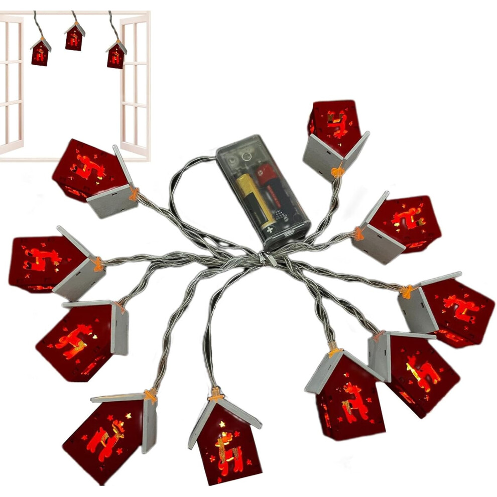 House Christmas Lights, Wooden House Fairy Lights, Christmas Fairy Lights, Battery Operated Fairy Lights, 10 Hanging Fairy Lights with Wooden Houses,