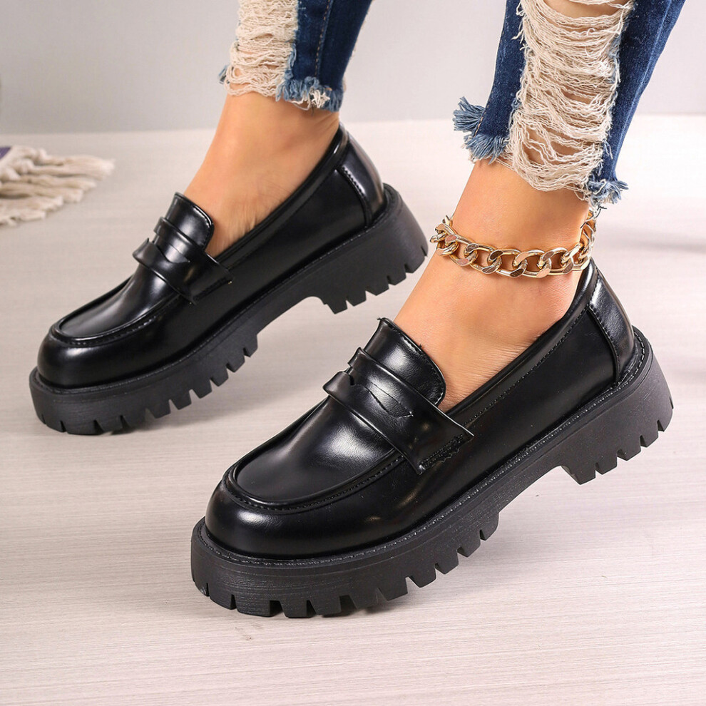 (Black, 42) Season Women Fall Loafers Cozy Retro Style Chunky Sole Heel Thick