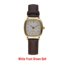 (White Front Brown Belt) Quartz Square Minimalist Watch Women Petite Wrist Retro Strap Leather Synthetic