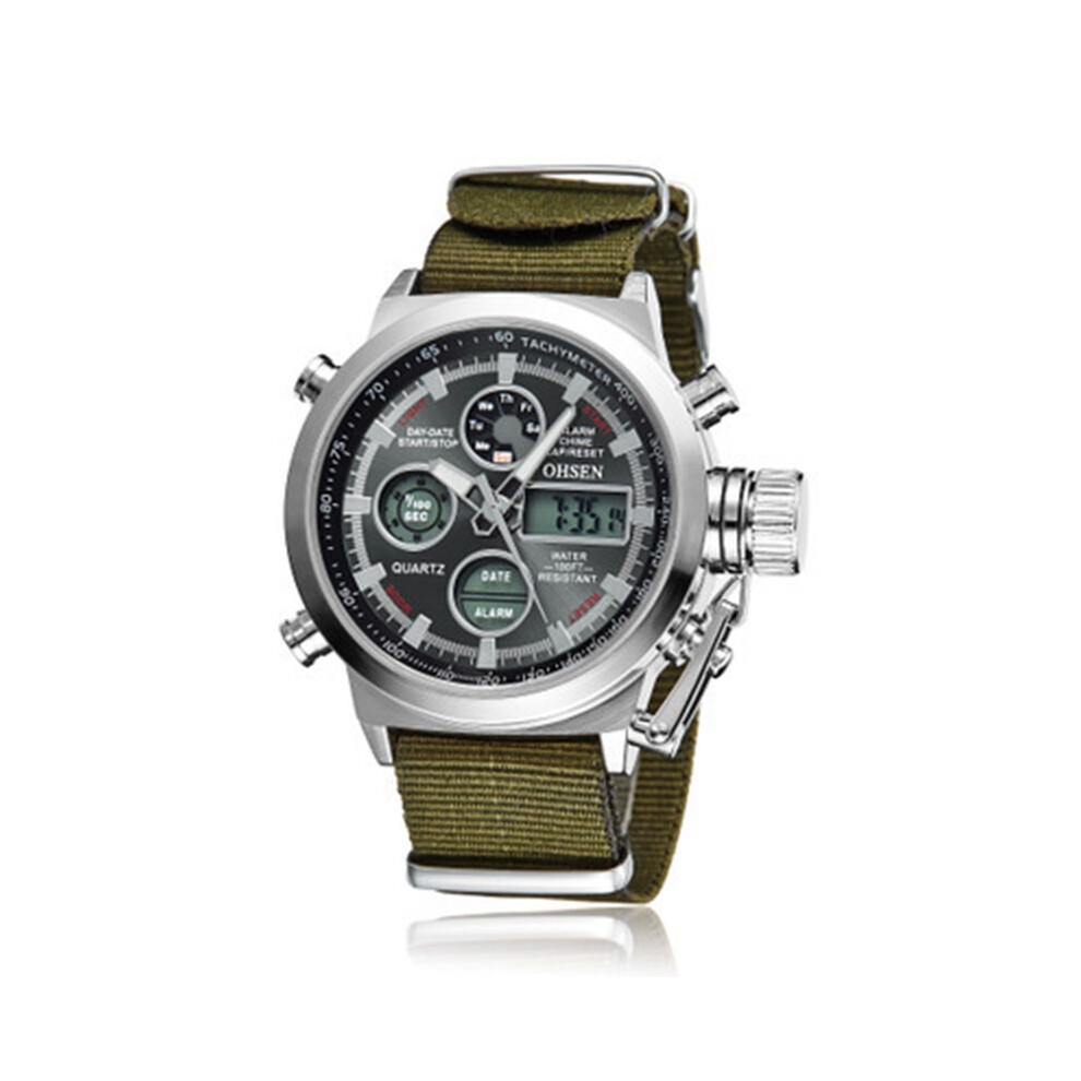 (Black) Luminous Men Military Analog Digital Quartz Nylon Canvas Sport Wrist Watch Black