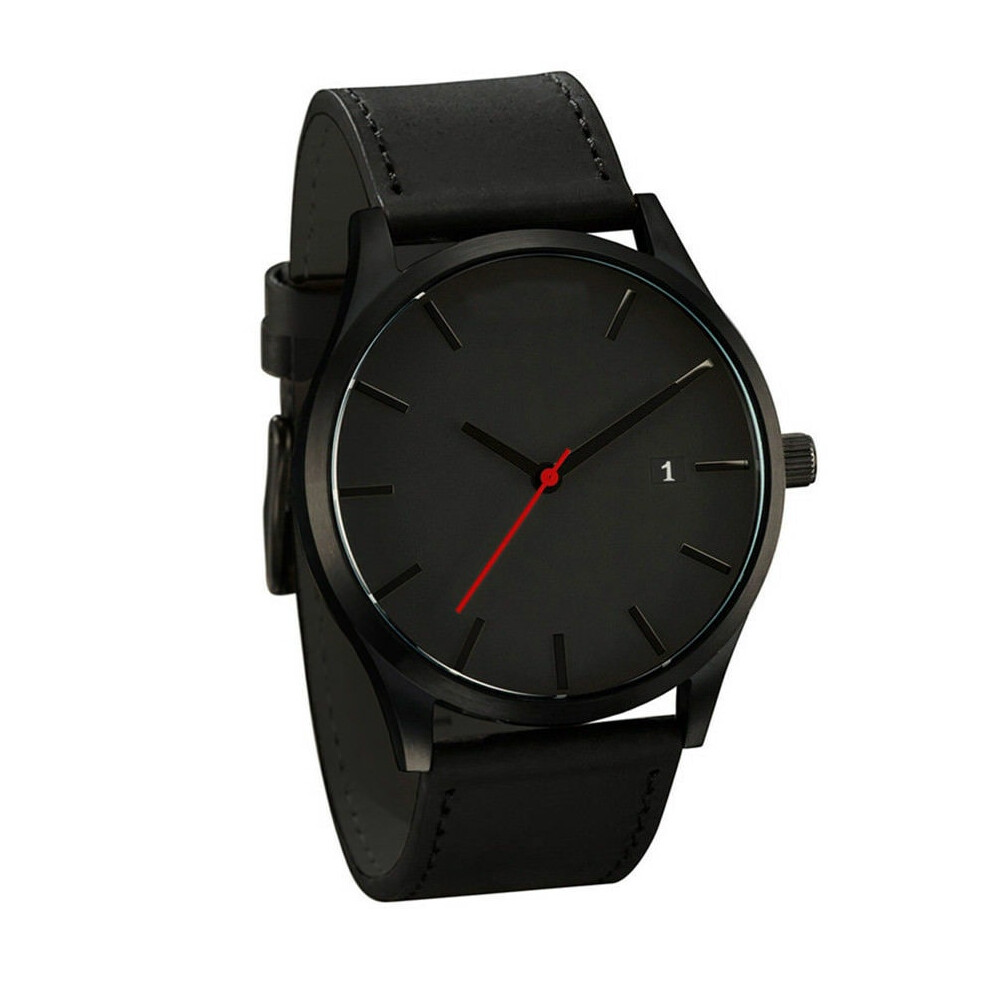 (Black Dial + Black Strap) Watch Fashion Mens Quartz Sport Analog Band Artificial Wrist Leather Watch