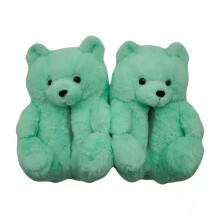 (Tiffany Green, Adult37-41=Foot Length23.5-25.5cm) Bear Fuzzy Teddy Slippers Women Kids Winter Indoor Nonslip Thick Sole Xmas Home