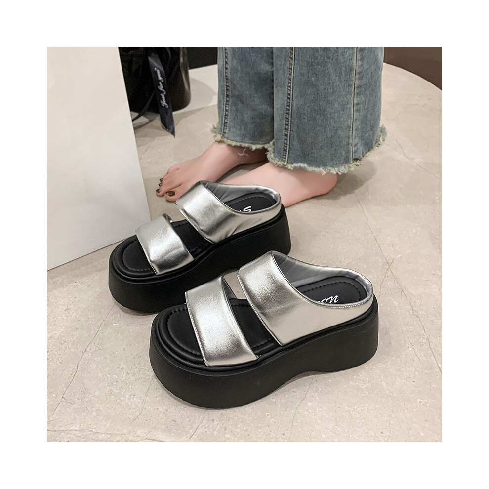 (Silver, 37) Platform Womens Modern Slide Sandals Versatile Summer Casual Shoes In Silver Beige Options And Black