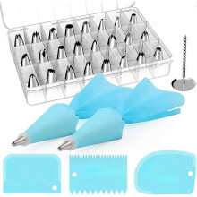 24 Piping Nozzles 2 Piping Bags, Cake Decorating Tools Icing Dispensers 2 Coupler 3 Plasti