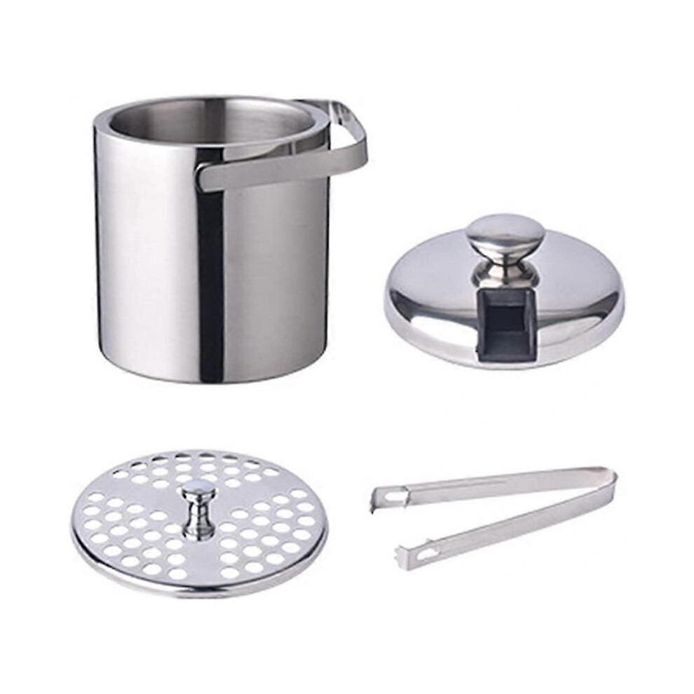 Ice Bucket Insulated with Tongs, Lids, Strainer 1.3 Qt, Stainless Steel Insulated Double