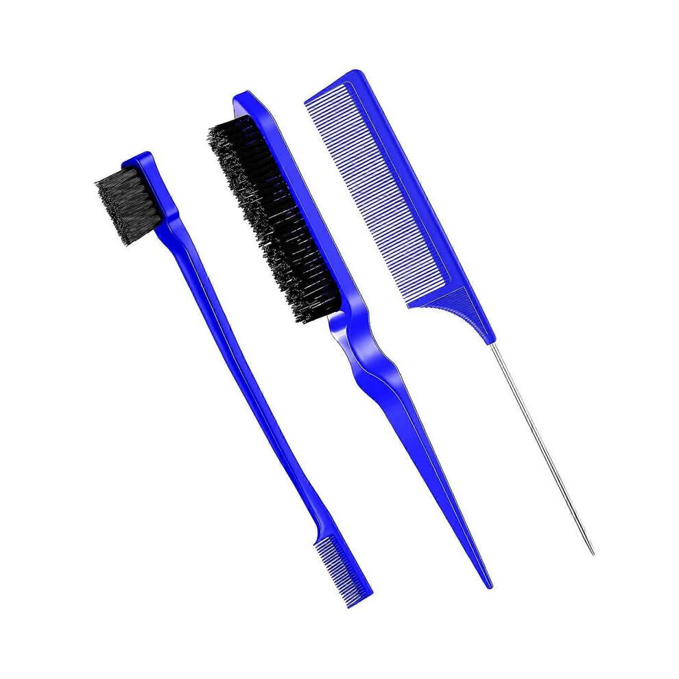 Unisex Blue 3 Pcs Slick Brush Set Bristle Hair Brush Teasing Comb Edge Hair Brush Grooming Combs Sturdy Rat Tail Comb (Blue)
