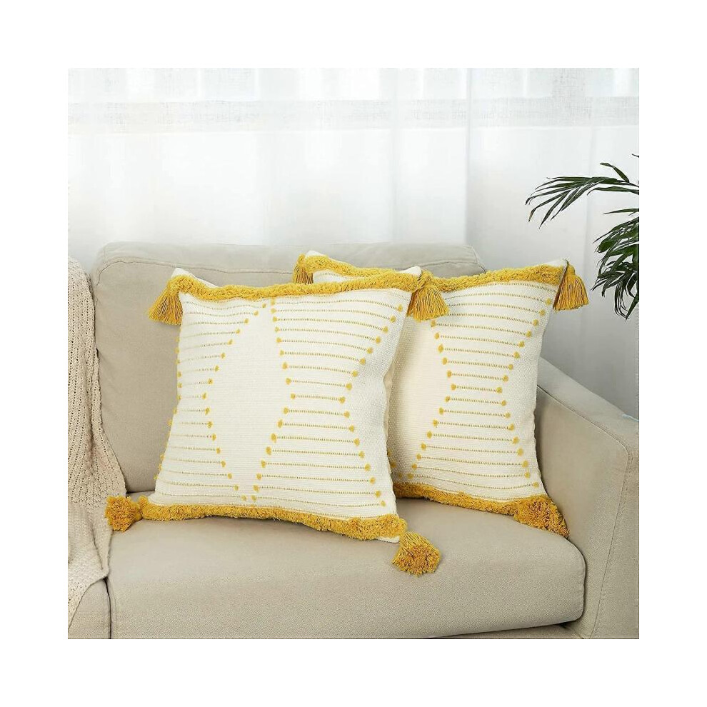 Throw Pillow Covers for Couch Sofa - Set of 2 Decorative Boho Square Pillow Cases Cotton Woven Tufted Pillowcases with  (18x18 Inch,Mustard)
