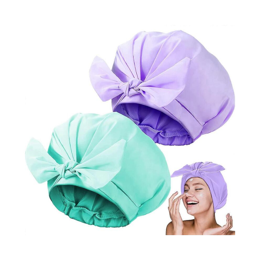 2 Pieces Shower Caps Adjustable Bow-knot Bath Hair Caps Reusable Waterproof Turban Shower Hat Bath Cap (Cyan, Purple)
