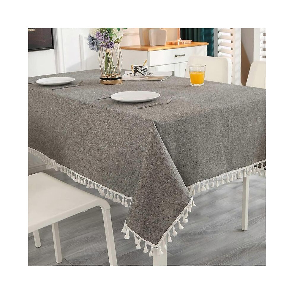 Grey Table Cloth Rectangular Cotton Linen Tablecloth Solid Color Dust-Proof Washable Table Cover Tassel
