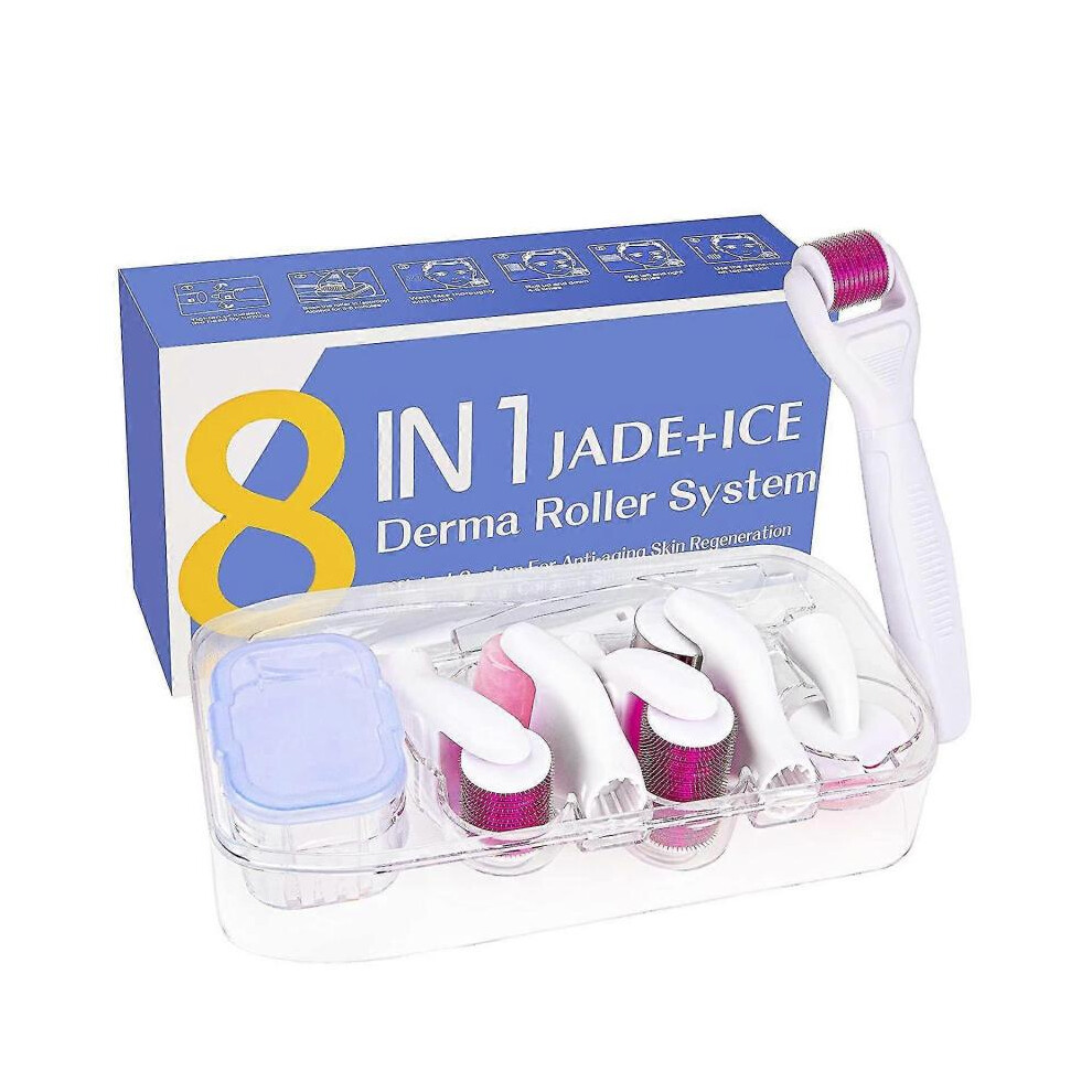 8-in-1 Derma Roller Kit for facial, body and beard hair growth with titanium rollers.