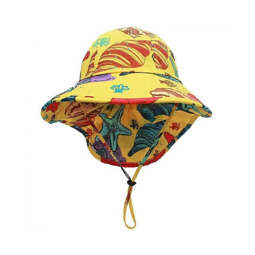 Sea World Pattern Kids Sun Hat, Neck Protection Sun Hat, Super Sun Protection Upf 50+, Cap Size 51-54cm (Yellow Bottom + Shell)