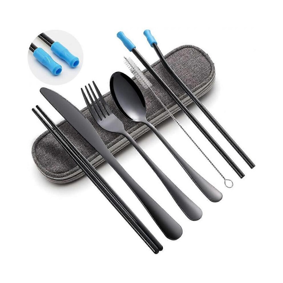 Reusable Stainless Steel Travel Cutlery Set with Case - 8 pieces including fork, spoon, chopsticks, brush, straws (black)