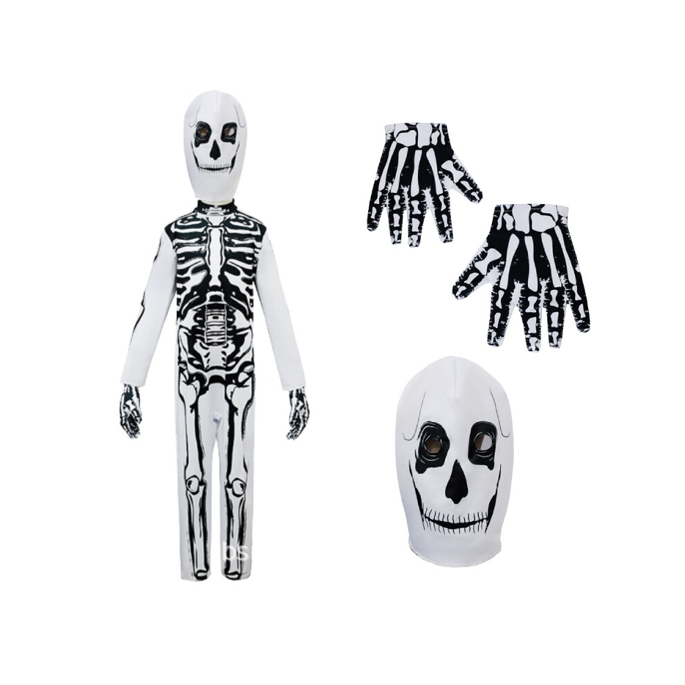 (XL) Cosplay Skeleton Halloween Costume Kids Boys Girls Jumpsuit Mask Party Gloves