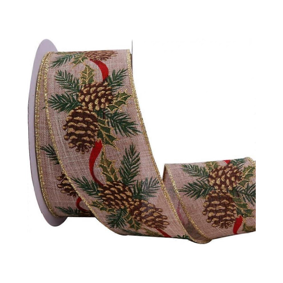 25 Yards/Roll 6.3cm Wire Edged Pinecone Christmas Burlap Ribbon for Decoration Gift Wrapping DIY Bow