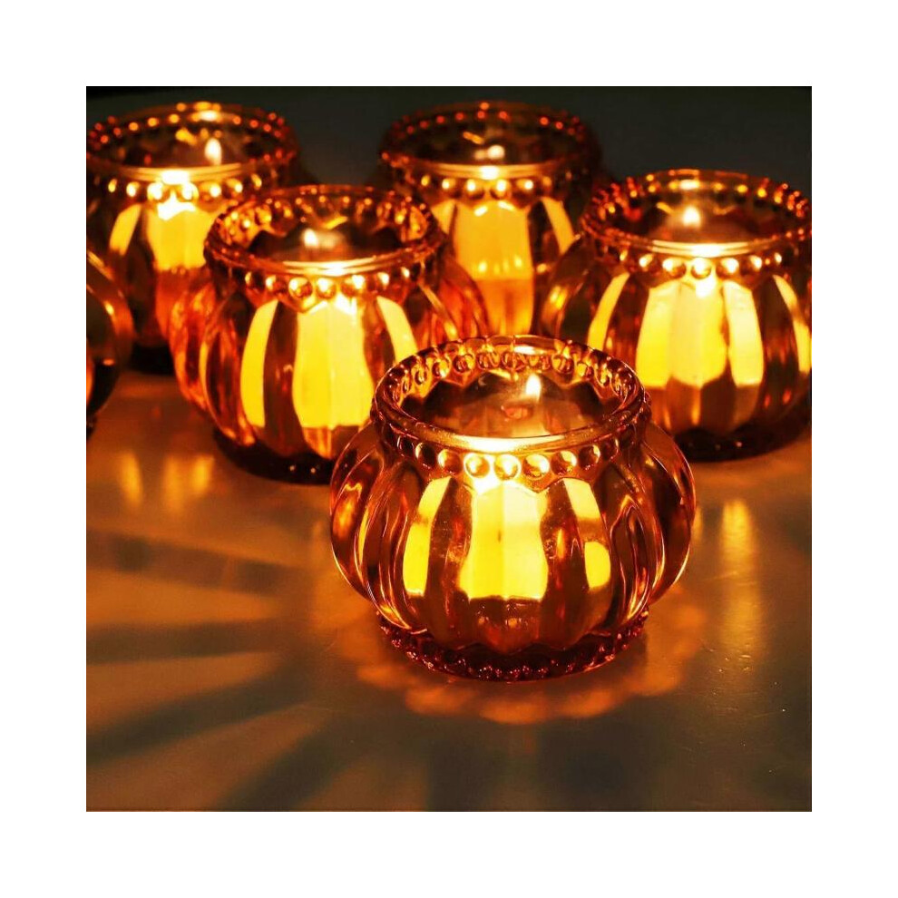 Amber Tealight Candle Holder Set of 6, Tea Lights Candle Holder for Wedding Table, Glass Candle Holders Bulk for Home Decor
