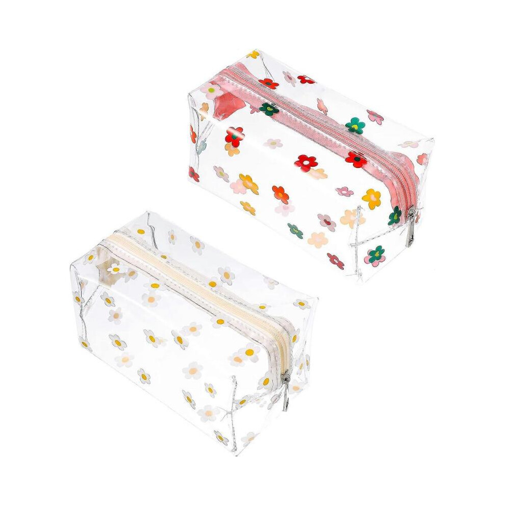 2 Pcs Clear Pencil Case Large Pen Bag Stationery Pouch Cosmestic Make up Bag, Transparent Daisy Floret Pattern PVC Bag,for Women and Girls