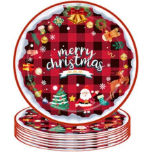 24-Piece Merry Christmas Party Paper Plates 7 Inch Red and Black Traditional Plaid Style