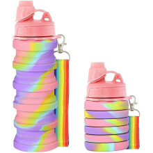 500ml Water Bottle for Kids, Portable Foldable Silicone Water Bottles,  with Lanyard Strap , BPA Free, 16OZ (Pink)