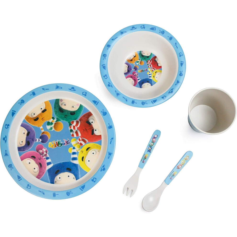 Oddbods Bamboo Fiber Kids Dinnerware Dinner Set 5pc Boys Girls Fork Knife Cup Bowl Plate Eco Biodegradable BPA-Free Childrens