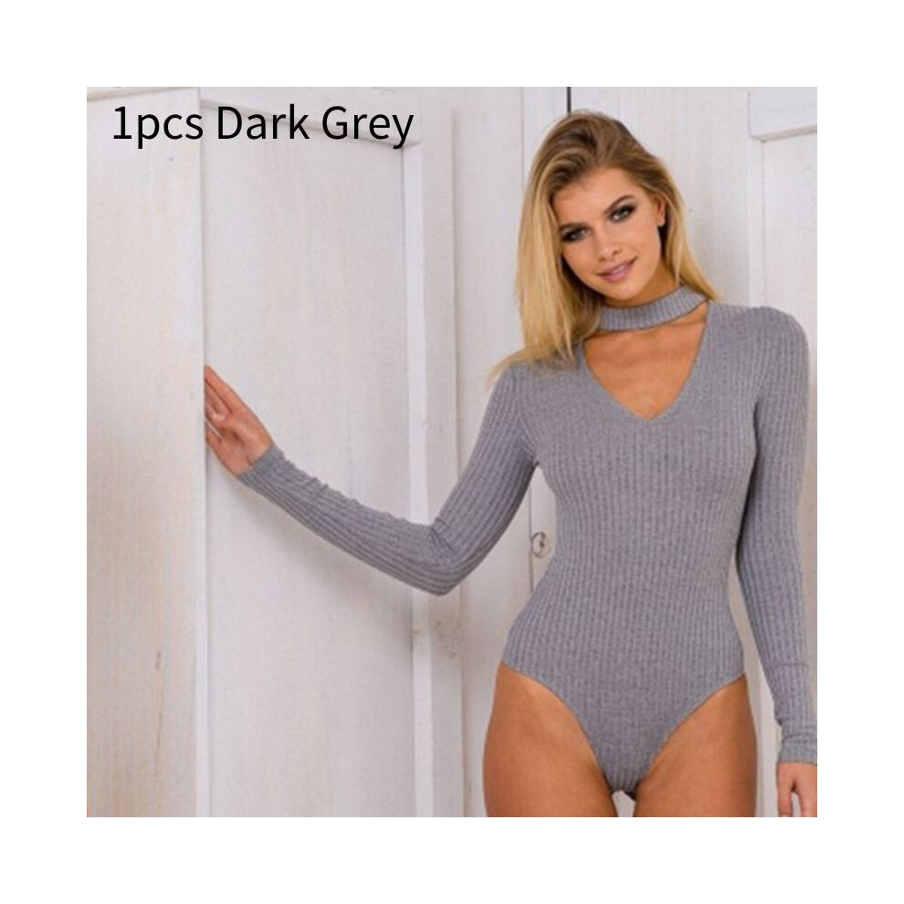 (Dark Grey, S) Tight Women Blouse Polyester Material Solid Color V Neck Sleeves Long Jumpsuit-image-OPC-PH5FZ9V-NEW